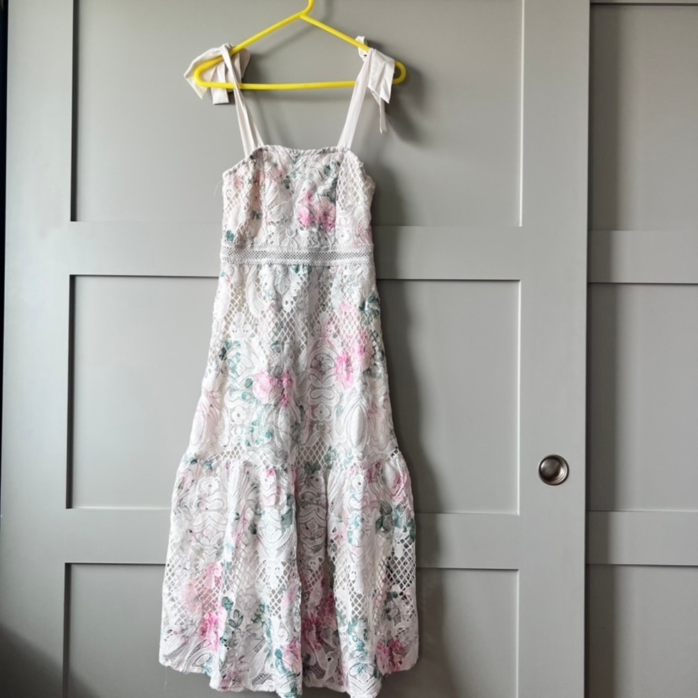 Floral Lace Tie Strap Midi Dress Women White Pink Tiered Cottagecore Coquette